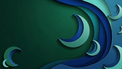 Modern paper cut style background featuring layered crescent moon and wave shapes in deep blue and teal tones