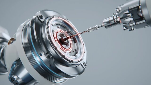 A robot is working on a machine with a red object in the middle. Macro shot surgical robot cable-less magnetic coupling end effector concept minimal future clinical engineering, surgical robot system
