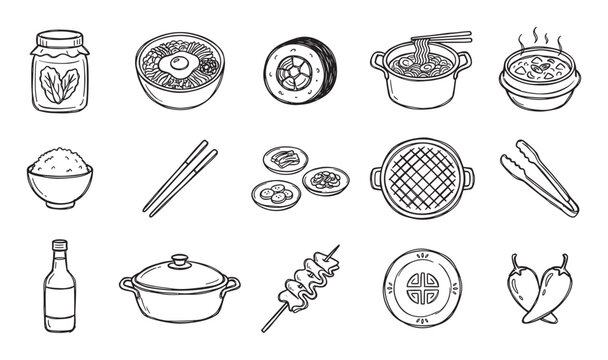 Set of hand-drawn Korean food icons featuring traditional dishes like bibimbap, kimchi, and ramyeon in a simple black and white line art doodle style illustration