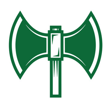 Green double sided axe head with handle illustration on white background  weapon symbol