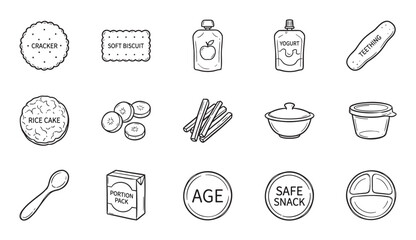 Hand-drawn baby food and feeding icon set in a simple line art style, featuring snacks, purees, and accessories for infant nutrition and toddler meals
