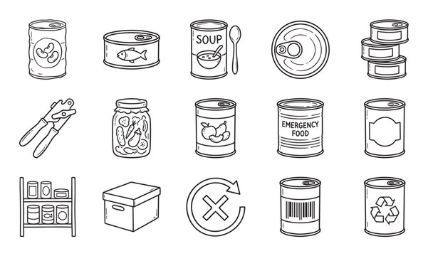 Hand-drawn canned food and pantry supply icons showing various preserved goods, a can opener, and storage symbols for emergency provisions in a simple black and white doodle sketch style