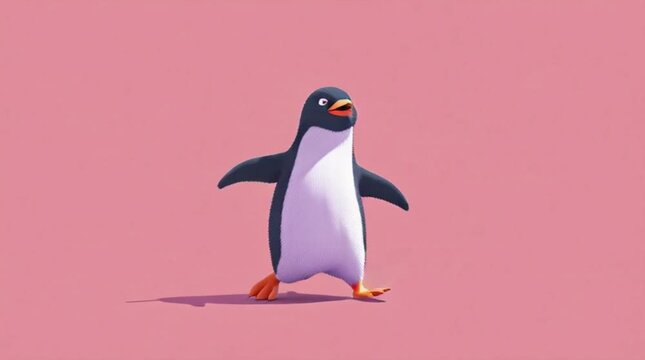 Cartoon penguin performing a funny dance on a pink background