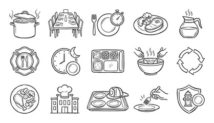 Collection of hand-drawn firefighter food service icons showing cooking, mealtime, and emergency responder symbols in a black and white doodle style for various design concepts