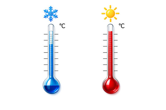 Red and blue thermometers indicating hot and cold weather temperatures isolated on white background