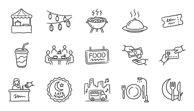 Set of black and white doodle icons representing a late-night food market, street food festival, urban dining, and payment methods in a simple hand-drawn sketch style