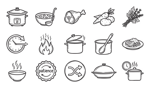 Hand-drawn set of slow cooking icons showing a crock pot, stew ingredients, and cooking process symbols in a black and white doodle style illustration