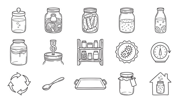 Hand-drawn fermentation and food preservation icons set showing jars with pickles, sauerkraut, kombucha, and bacteria in a simple black and white line art doodle style illustration