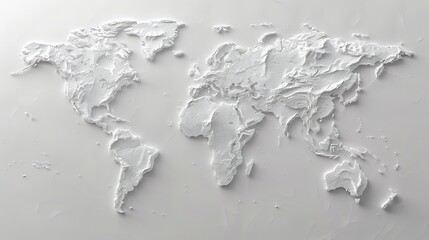 Minimalist white 3d world map featuring textured continents on a simple background