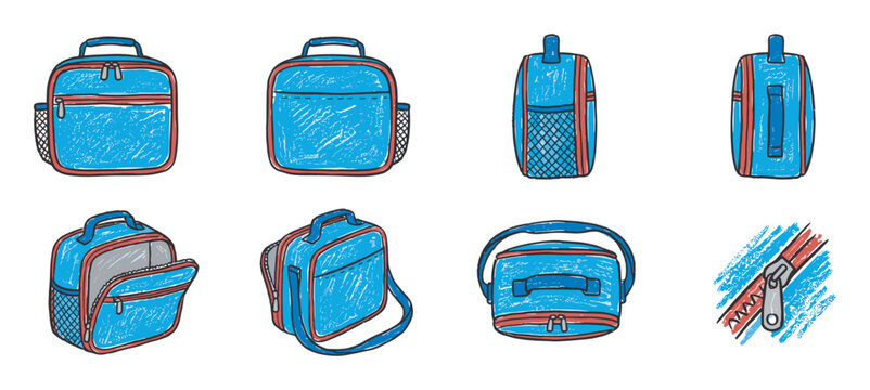 Set of hand-drawn blue lunch bag illustrations in a textured sketch style, showing multiple views like front, side, top, open, and with a shoulder strap