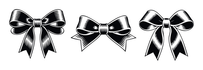 Elegant black ribbon bows in a classic woodcut aesthetic serve as versatile graphic elements perfect for festive packaging, greeting decorations, event invitations, or adding a touch of