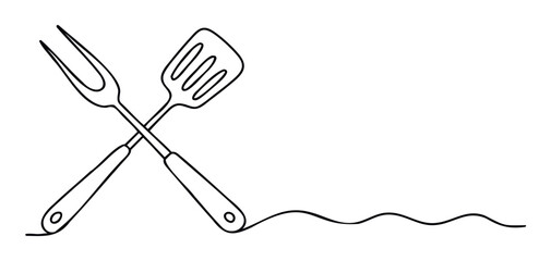Stylized single continuous line depicting essential BBQ instruments, including a meat fork and a slotted spatula, suitable for culinary advertising, kitchenware promotions, or restaurant