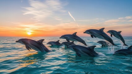 Fototapeta premium Dolphins jumping out of ocean water at sunset sea marine animals mammals