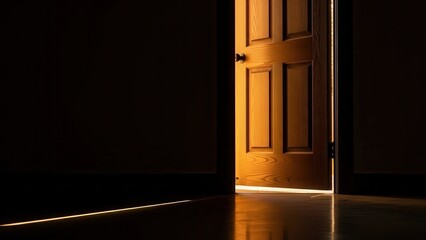 Warm light spills into a dark room through a slightly ajar wooden door