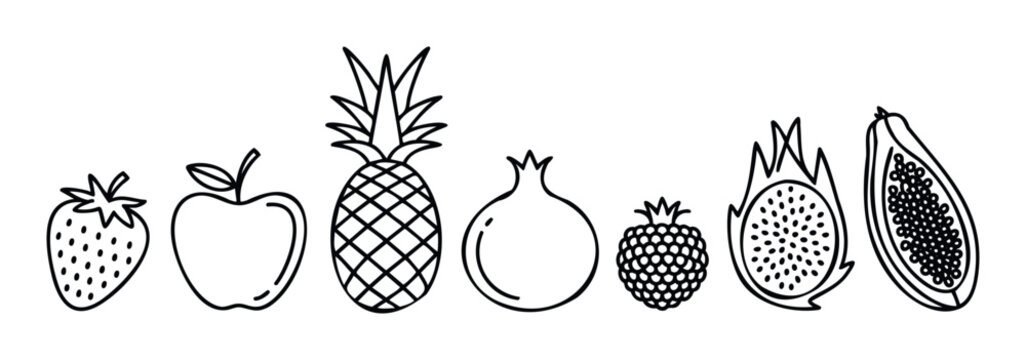 Simple outline drawings of various fresh fruits like strawberry, apple, pineapple, pomegranate, raspberry, dragon fruit, and papaya, promoting healthy eating and dietary choices for - Powered by Adobe
