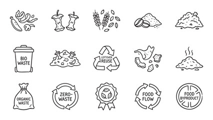 Collection of hand-drawn food waste icons showing organic leftovers, recycling symbols, and composting concepts in a simple black and white line art style for sustainable living themes