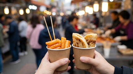 Two people holding Korean street food, tteokbokki and hoddeok, in paper cups at a bustling outdoor market, for travel, culture, cuisine.