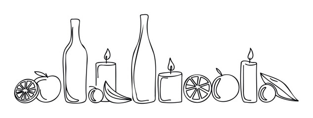 Minimalist black line drawing of elegant bottles, flickering candles, and fresh organic fruits like oranges, apples, and olives, suitable for upscale graphic design or home decor