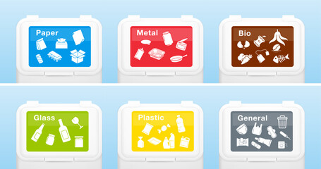 Ready sets of icons for separating trash. Vector elements are made with high contrast, well suited to different scales and on different media. Ready for use in your design. EPS10.