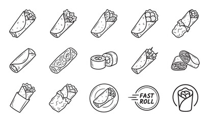 Set of rolled food icons in a hand-drawn doodle style, featuring various wraps, burritos, shawarma, and sushi illustrations for fast food menu or delivery concepts