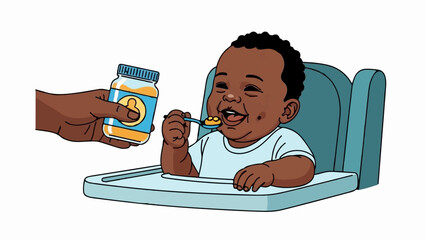 A happy baby sits in a high chair, being fed by a spoon of food