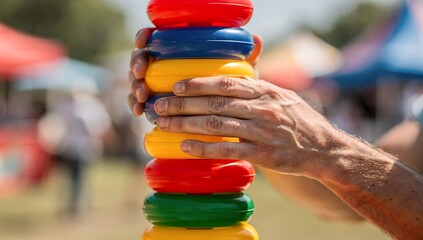 Man playing with colorful plastic stacking rings. Child toy for education and development. Outdoor activity for children.