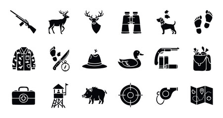 A comprehensive collection of hunting and outdoor activity icons representing essential gear, animals, and related concepts perfect for wilderness adventure designs or recreational sport