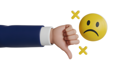 A 3D rendered hand giving a thumbs down next to a sad emoji on a black background representing negative feedback