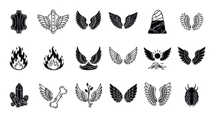 Collection of mystical and symbolic glyphs featuring various wing designs, elemental motifs, and natural elements perfect for apparel branding, tattoo inspiration, or game asset creation