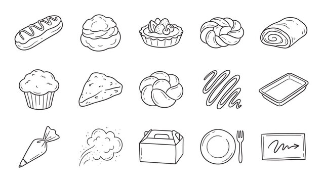 Hand-drawn bakery and pastry icon set with various sweet desserts, baked goods, and confectionery tools in a simple black and white doodle line art style illustration