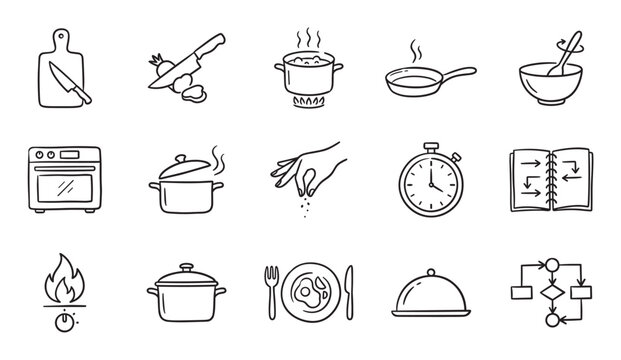 Hand-drawn cooking and food preparation icon set featuring kitchen utensils, appliances, and culinary processes illustrated in a simple black and white doodle line art style