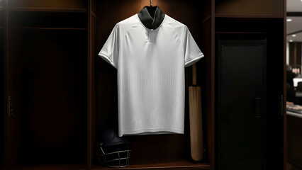 White Collared Shirt and Cricket Bat in a Locker Room Setting