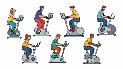 Diverse individuals engage in stationary cycling, working on laptops