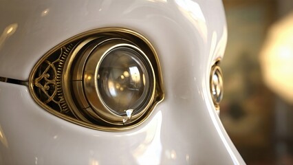 Close up of a robot head with golden eye detail. Artificial intelligence and machine vision concept. Future technology and innovation.