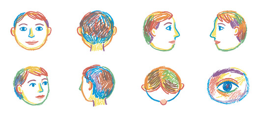 Set of colorful hand-drawn human head illustrations showing different angles like front, back, profile, and top view in a sketchy, childlike crayon style