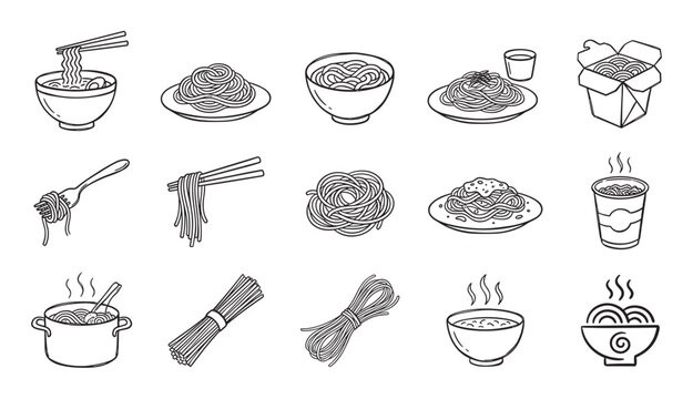 Set of hand-drawn noodle and pasta icons showing various dishes like ramen, spaghetti, and takeout food in a simple black and white line art doodle style illustration collection