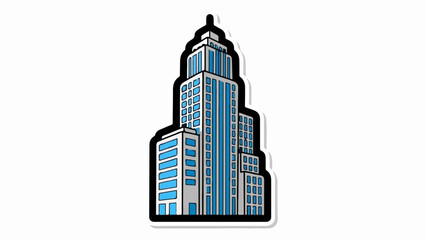 A stylized graphic illustration of a skyscraper complex with blue windows and gray facade