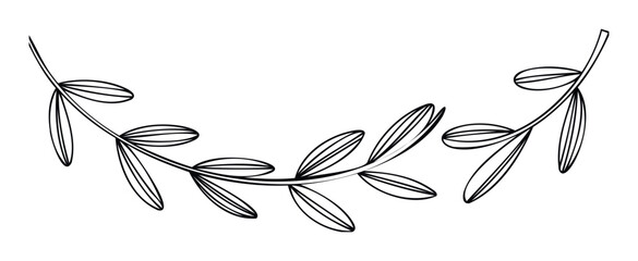 Minimalist black outline botanical flourish featuring delicate curving branches and leaves, perfect for elegant wedding invitations, decorative borders, or sophisticated branding