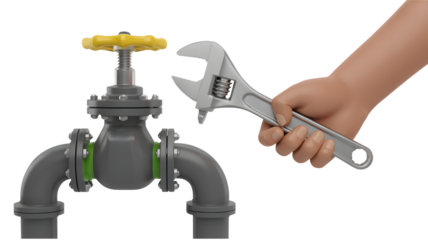 Human hand holding an adjustable wrench near a gray industrial pipe valve with a yellow handle on a black background for plumbing repair concept
