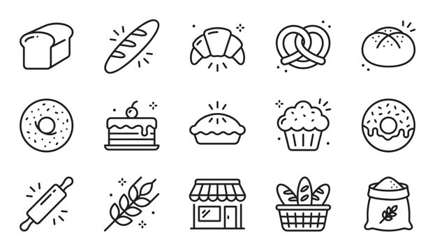 Collection of minimalist black outline icons for a bakery, including bread, pastries, cakes, donuts, and baking equipment like a rolling pin and flour sack