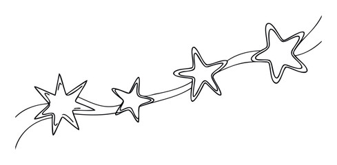 Dynamic black line drawing of four whimsical stars with flowing tails, perfect for adding a touch of celebration or fantasy to various festive graphic design projects