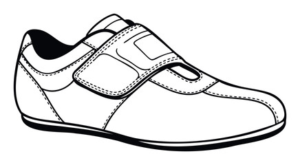 Outline drawing of a casual sports shoe featuring adjustable hook and loop straps provides a versatile graphic for fitness blogs or apparel advertising campaigns.
