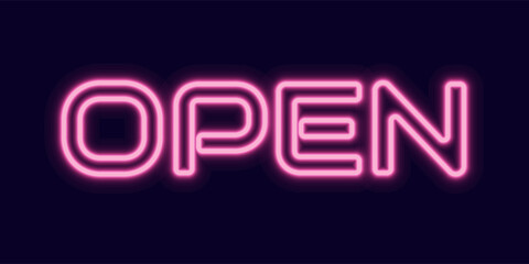 Bright pink neon sign with the word 'Open' glowing on a dark background. Modern illuminated signage concept for shops, restaurants, bars, cafes, nightlife, business opening hours, retail marketing.