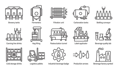 Beverage production and brewing line icon set showing industrial manufacturing equipment and processes like fermentation, bottling, canning, and logistics for drinks and alcohol