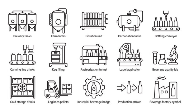 Beverage production and brewing line icon set showing industrial manufacturing equipment and processes like fermentation, bottling, canning, and logistics for drinks and alcohol