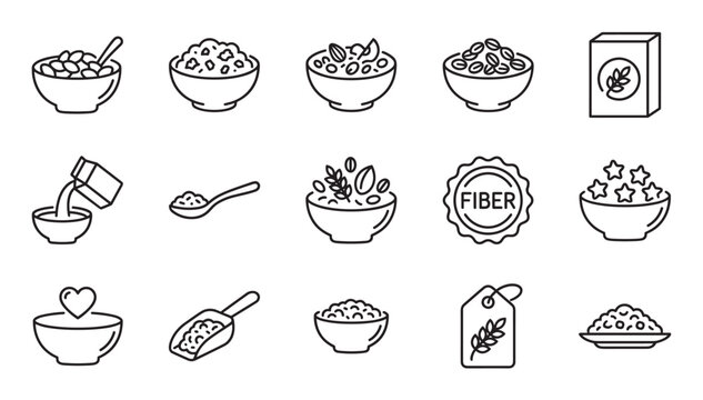 Collection of black line art icons representing breakfast cereal, featuring bowls with flakes, muesli, a box, pouring milk, and symbols for fiber and healthy eating