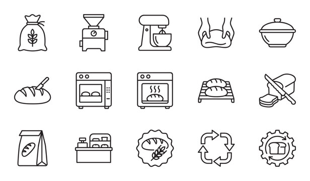 Set of black line icons for bread making and bakery production illustrates the process from flour to finished loaf, including equipment like a mixer, oven, and mill