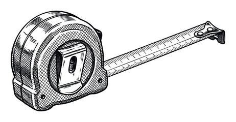 A detailed black and white sketch of a classic tape measure, partially extended with clear markings, perfect for construction, DIY projects, architectural designs, or handyman service