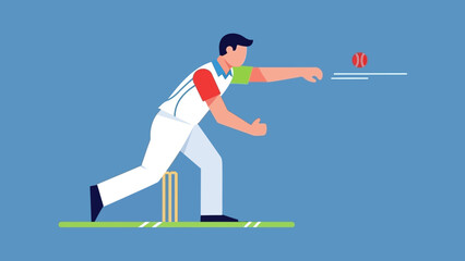 Fototapeta premium Dynamic illustration of a male cricket player bowling a powerful delivery towards the wickets. Captures game intensity and athletic focus in vibrant flat design