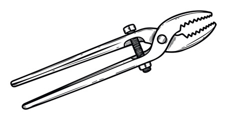 Robust adjustable pipe wrench with serrated gripping jaws depicted in a classic linework style, ideal for use in technical manuals, workshop advertisements, and home improvement guides